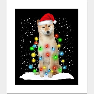 Shiba Inu Christmas Santa Hat Xmas Tree Color Lights Posters and Art